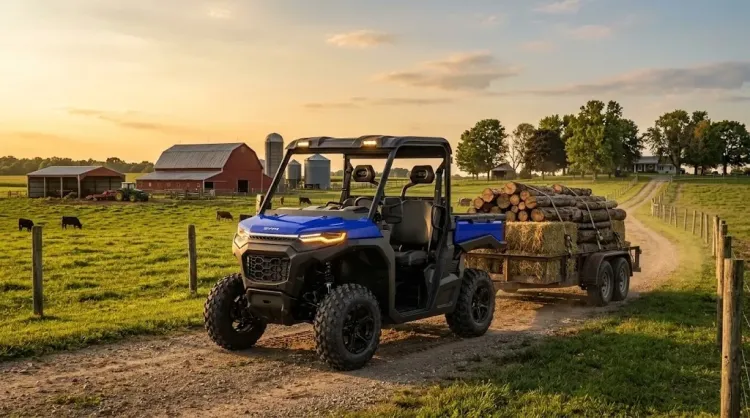 SWM UTV towing capacity on a farm dirt road